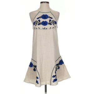 Boho natural linen dress with embroidery indigo florals-sensitive skin